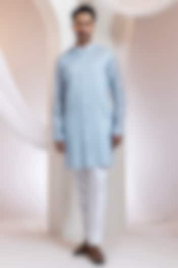 Powder Blue Chanderi Embroidered Kurta Set by Smriti By Anju Agarwal Men at Pernia's Pop Up Shop