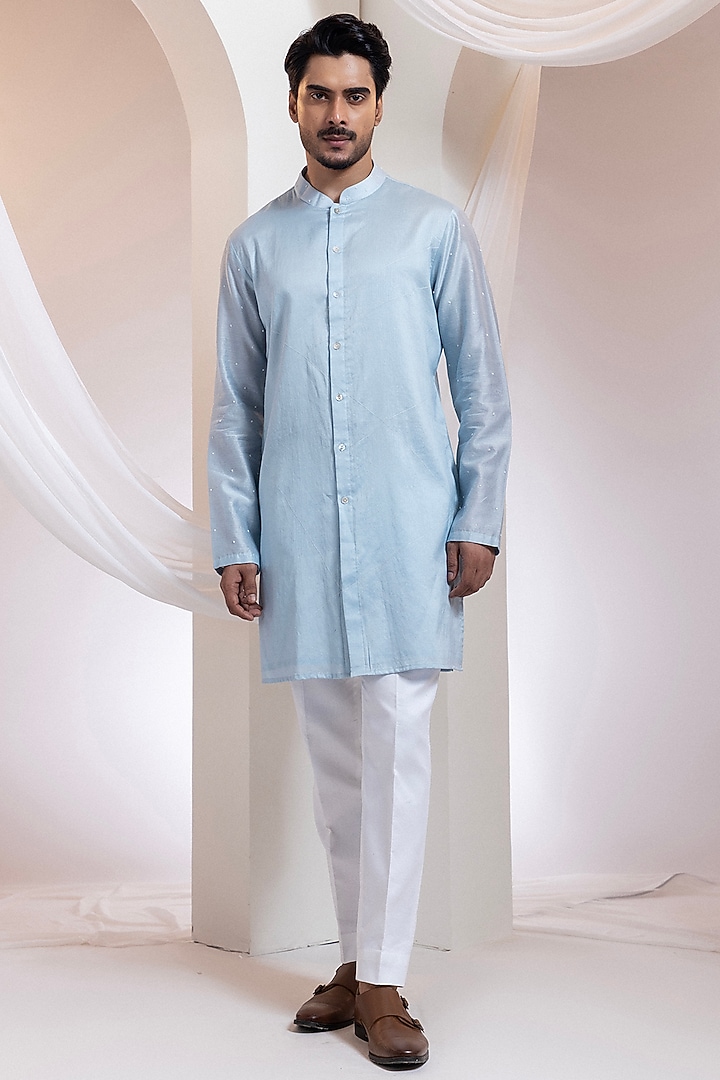 Powder Blue Chanderi Embroidered Kurta Set by Smriti By Anju Agarwal Men at Pernia's Pop Up Shop