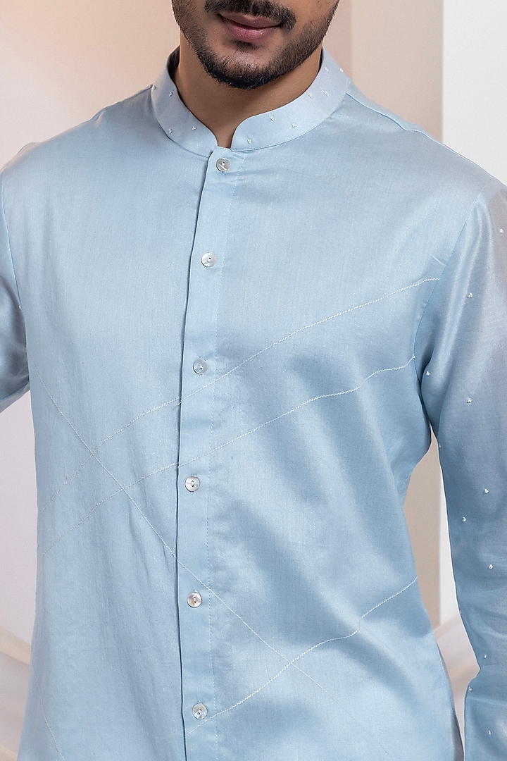 Powder Blue Chanderi Embroidered Kurta Set by Smriti by Anju Agarwal Men at Pernia's Pop Up Shop