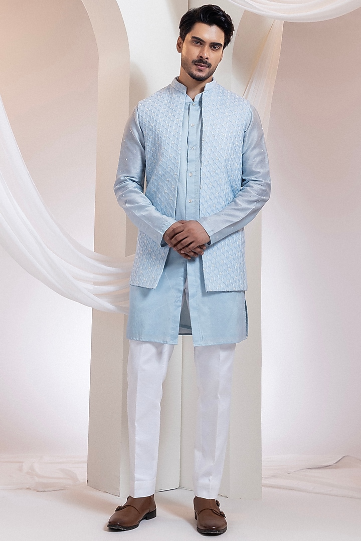Powder Blue Cotton Embroidered Nehru Set by Smriti By Anju Agarwal Men at Pernia's Pop Up Shop