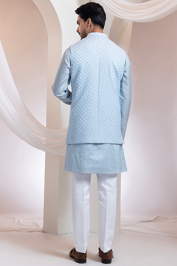 Powder Blue Cotton Embroidered Nehru Set by Smriti by Anju Agarwal Men at Pernia's Pop Up Shop