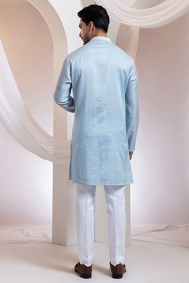 Powder Blue Cotton Embroidered Nehru Set by Smriti by Anju Agarwal Men at Pernia's Pop Up Shop
