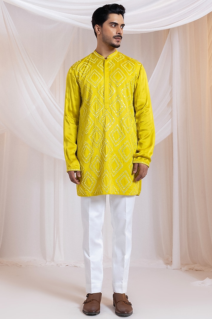 Yellow Modal Satin Mirror Embroidered Kurta Set by Smriti By Anju Agarwal Men at Pernia's Pop Up Shop