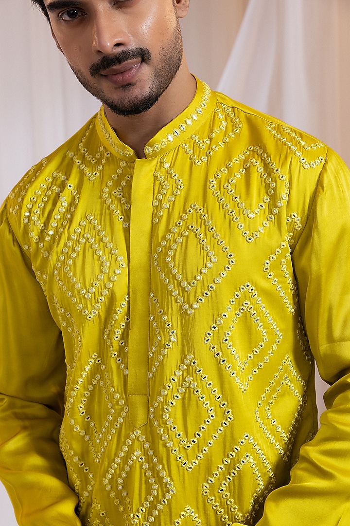 Yellow Modal Satin Mirror Embroidered Kurta Set by Smriti by Anju Agarwal Men at Pernia's Pop Up Shop