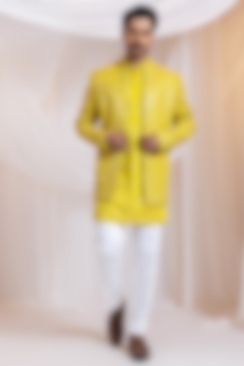 Yellow Linen Satin Mirror Work Wedding Indowestern Jacket by Smriti By Anju Agarwal Men at Pernia's Pop Up Shop