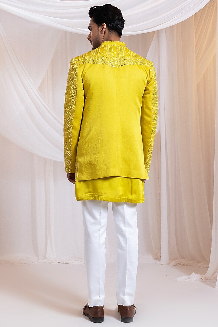 Yellow Linen Satin Mirror Work Wedding Indowestern Jacket by Smriti by Anju Agarwal Men at Pernia's Pop Up Shop