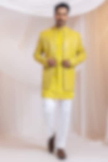 Yellow Linen Satin Mirror Work Achkan Set by Smriti By Anju Agarwal Men at Pernia's Pop Up Shop