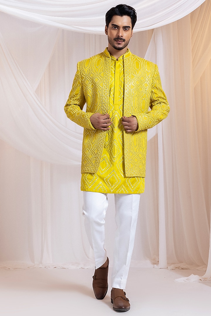 Yellow Linen Satin Mirror Work Achkan Set by Smriti By Anju Agarwal Men at Pernia's Pop Up Shop