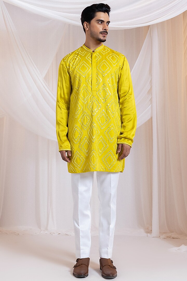 Yellow Linen Satin Mirror Work Achkan Set by Smriti by Anju Agarwal Men at Pernia's Pop Up Shop