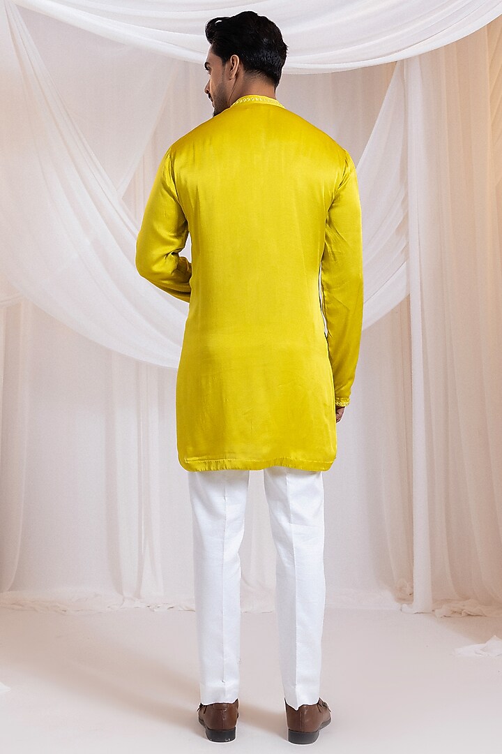 Yellow Linen Satin Mirror Work Achkan Set by Smriti by Anju Agarwal Men at Pernia's Pop Up Shop