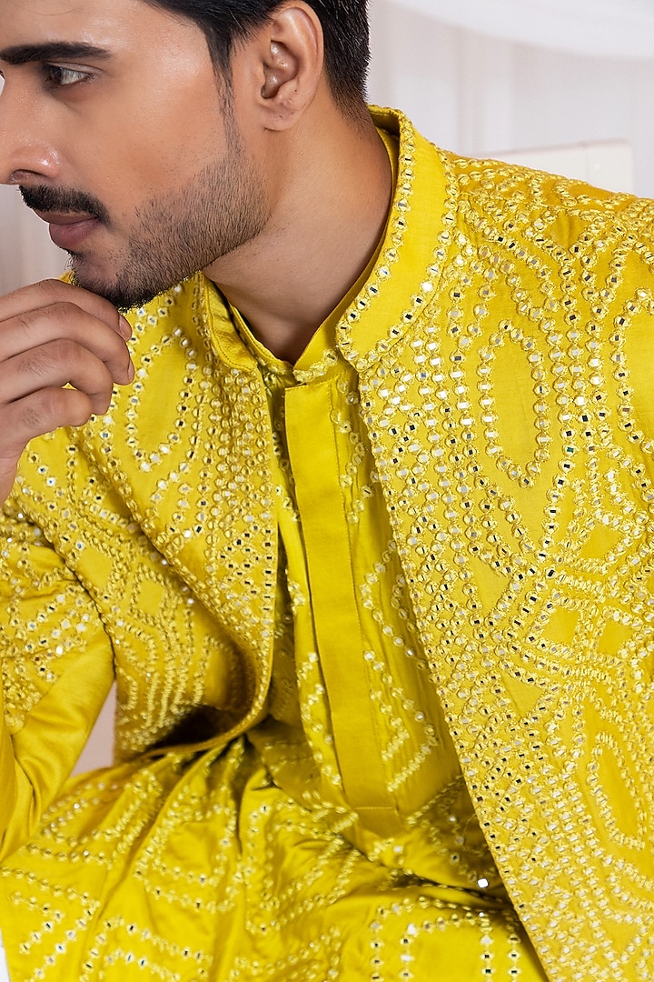Yellow Linen Satin Mirror Work Achkan Set by Smriti by Anju Agarwal Men at Pernia's Pop Up Shop