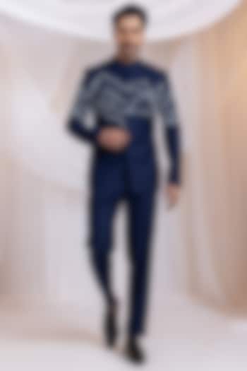 Navy Blue Suiting Fabric Embroidered Wedding Bandhgala Set by Smriti By Anju Agarwal Men at Pernia's Pop Up Shop
