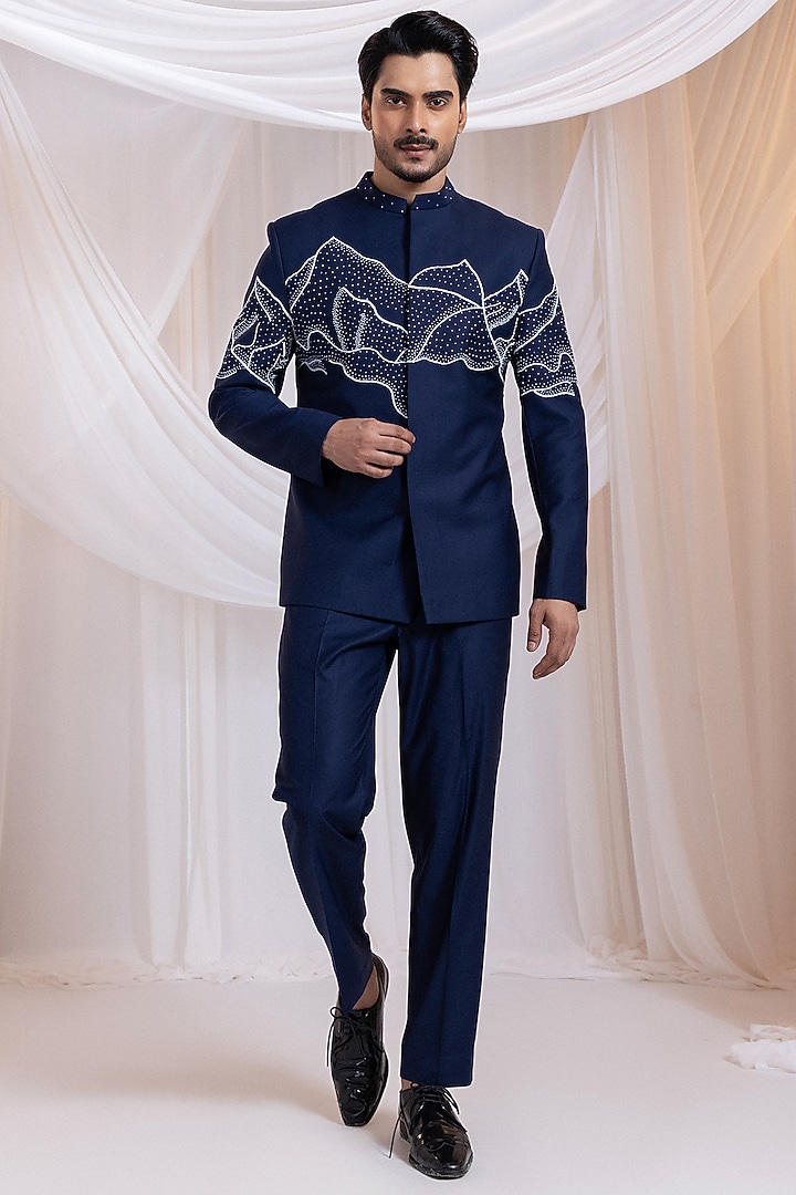 Navy Blue Suiting Fabric Embroidered Wedding Bandhgala Set by Smriti By Anju Agarwal Men at Pernia's Pop Up Shop