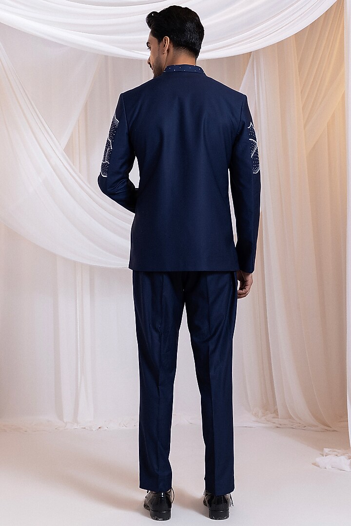 Navy Blue Suiting Fabric Embroidered Wedding Bandhgala Set by Smriti by Anju Agarwal Men at Pernia's Pop Up Shop