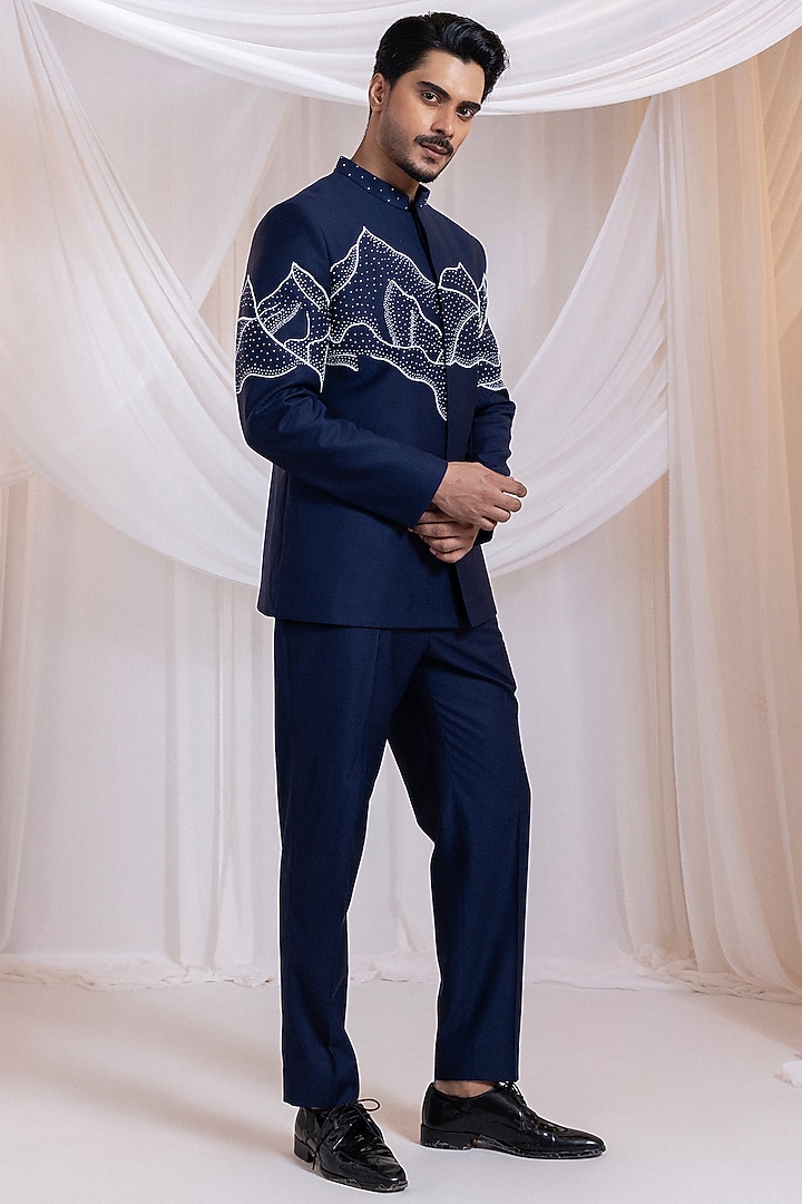 Navy Blue Suiting Fabric Embroidered Wedding Bandhgala Set by Smriti by Anju Agarwal Men at Pernia's Pop Up Shop