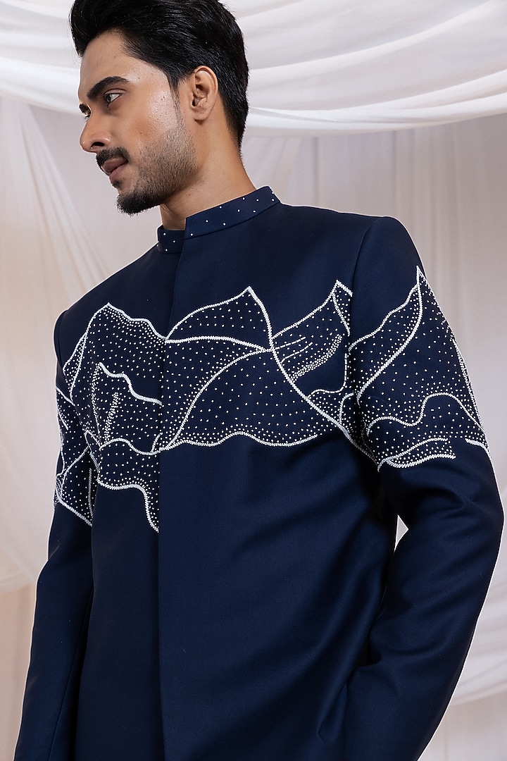 Navy Blue Suiting Fabric Embroidered Wedding Bandhgala Set by Smriti by Anju Agarwal Men at Pernia's Pop Up Shop