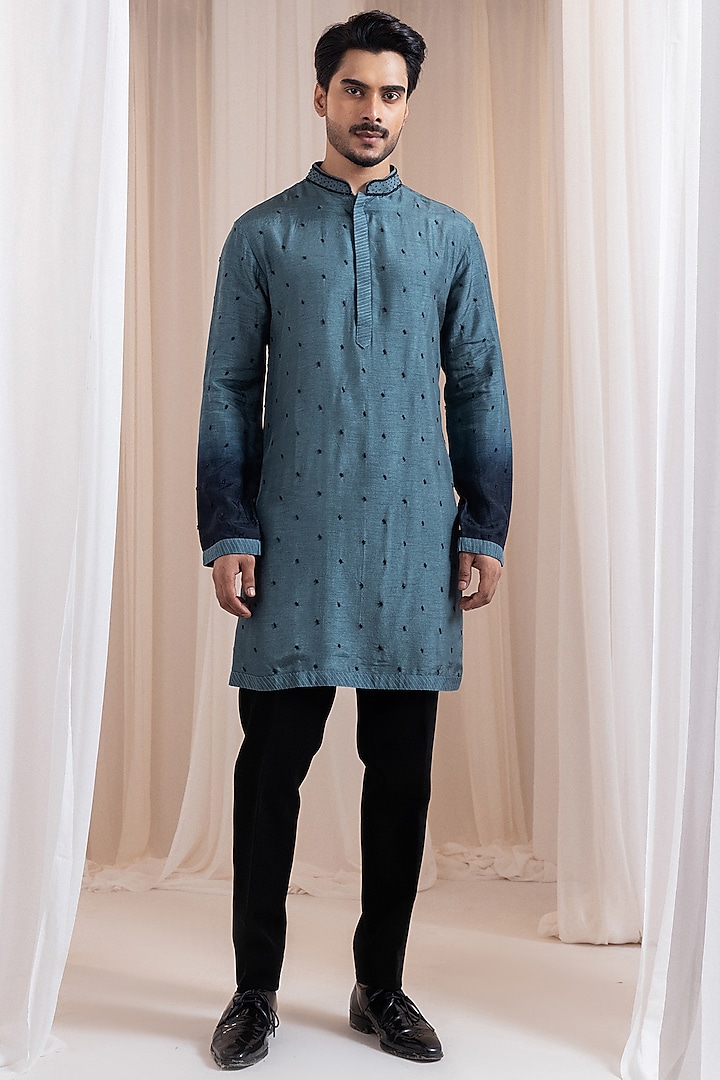 Deep Teal Colored Silk Bead Embroidered Kurta Set by Smriti By Anju Agarwal Men at Pernia's Pop Up Shop