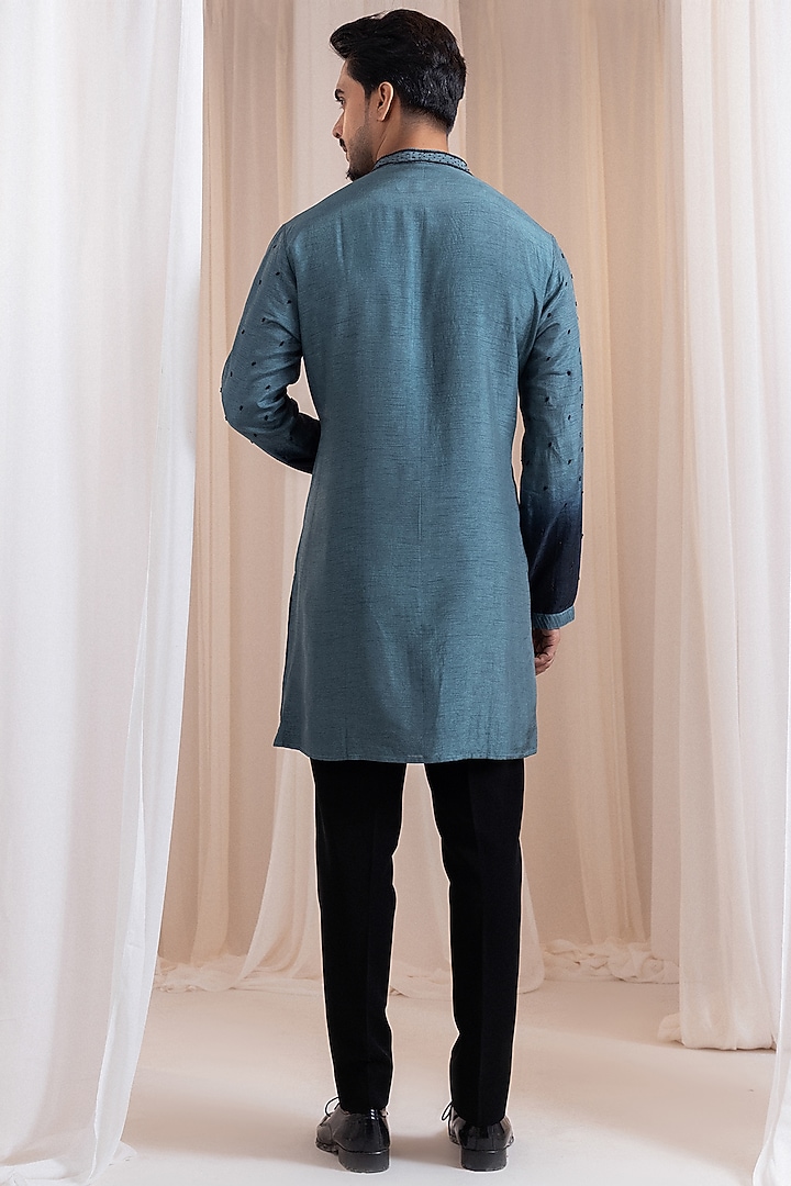 Deep Teal Colored Silk Bead Embroidered Kurta Set by Smriti by Anju Agarwal Men at Pernia's Pop Up Shop