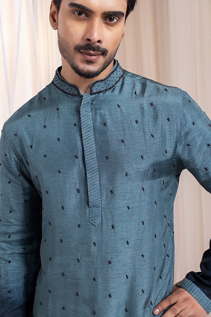 Deep Teal Colored Silk Bead Embroidered Kurta Set by Smriti by Anju Agarwal Men at Pernia's Pop Up Shop