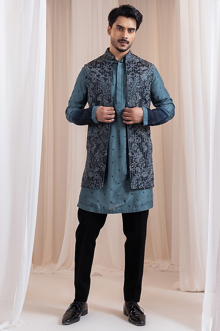 Charcoal Green Linen Satin Thread Embroidered Nehru Jacket by Smriti By Anju Agarwal Men at Pernia's Pop Up Shop