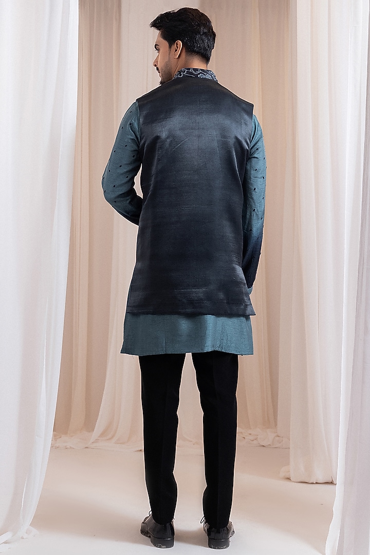Charcoal Green Linen Satin Thread Embroidered Nehru Jacket by Smriti by Anju Agarwal Men at Pernia's Pop Up Shop