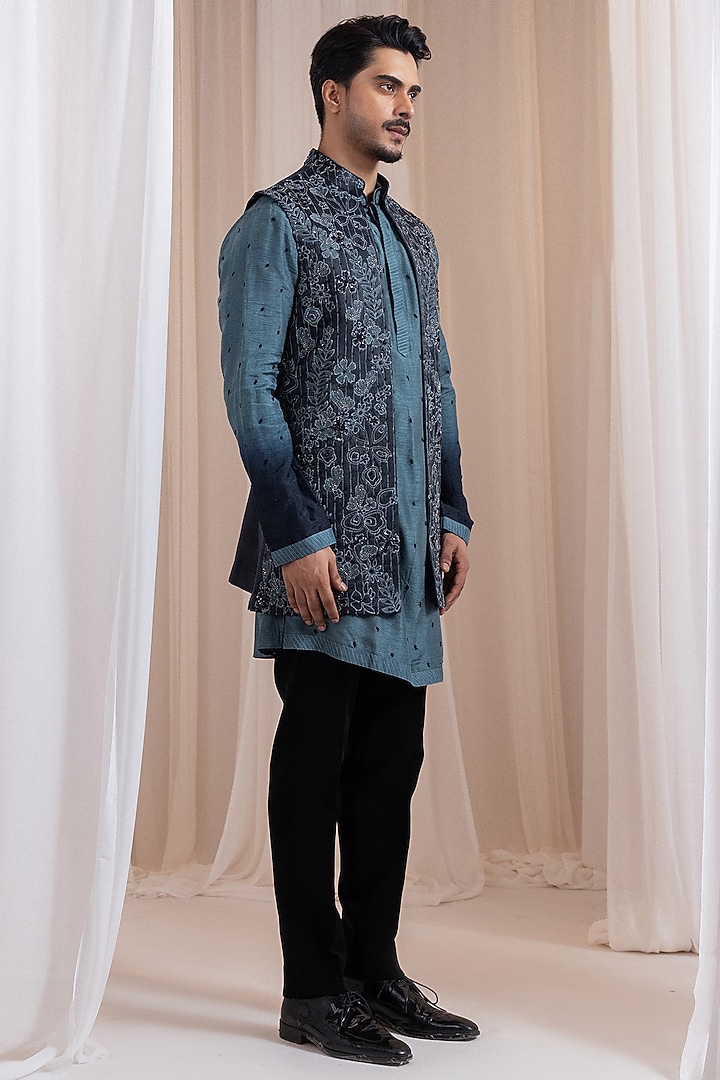 Charcoal Green Linen Satin Thread Embroidered Nehru Jacket by Smriti by Anju Agarwal Men at Pernia's Pop Up Shop