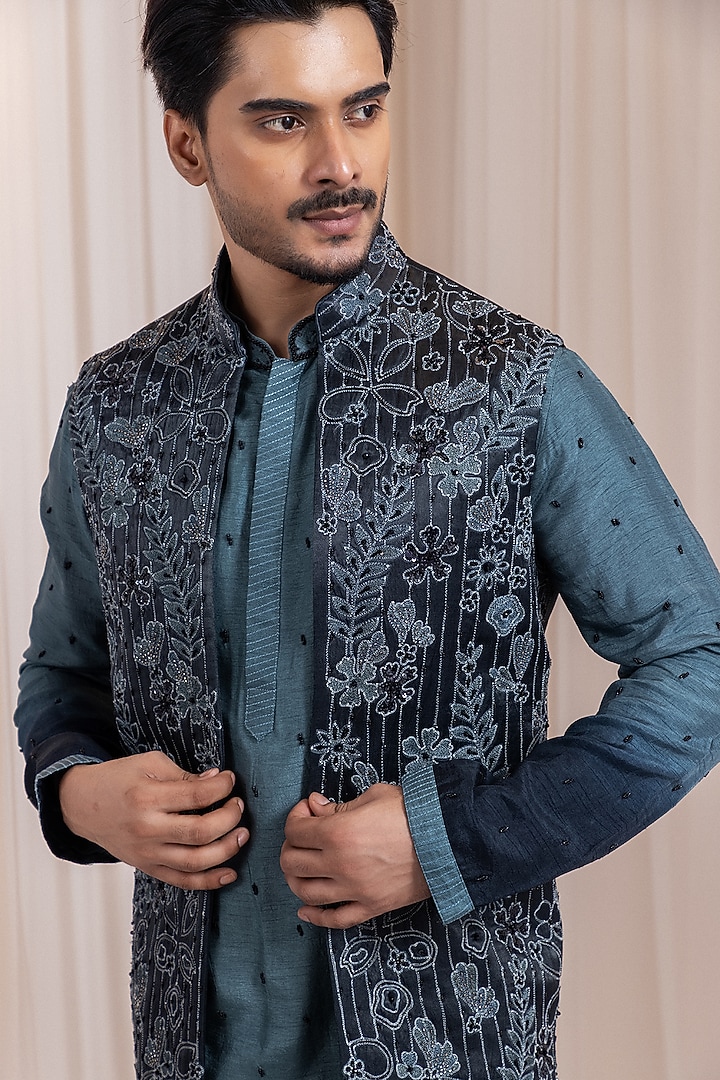 Charcoal Green Linen Satin Thread Embroidered Nehru Jacket Set by Smriti by Anju Agarwal Men at Pernia's Pop Up Shop
