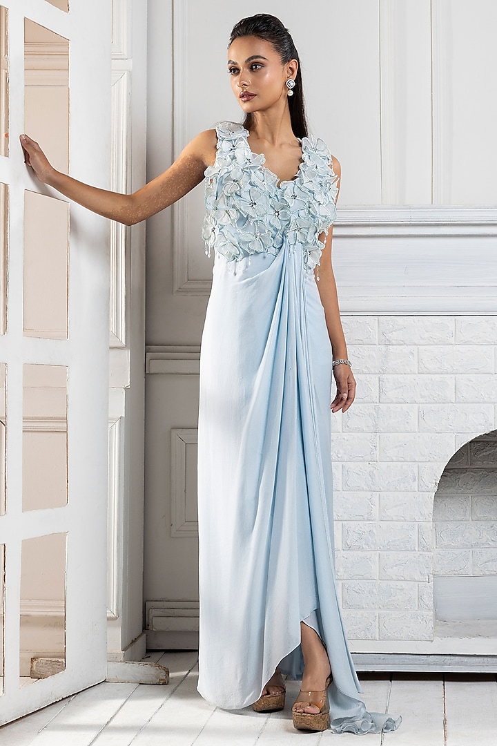 Pastel Blue Chinon 3D Floral Applique Work Party Wear Gown by Smriti by Anju Agarwal at Pernia's Pop Up Shop