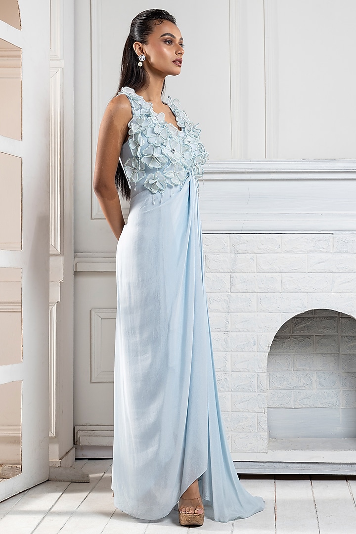Pastel Blue Chinon 3D Floral Applique Work Party Wear Gown by Smriti by Anju Agarwal at Pernia's Pop Up Shop
