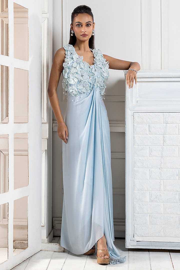 Pastel Blue Chinon 3D Floral Applique Work Party Wear Gown by Smriti by Anju Agarwal at Pernia's Pop Up Shop