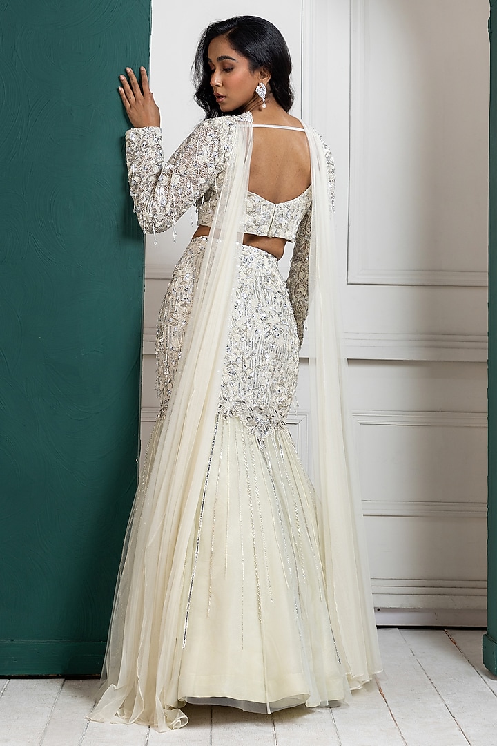 Ivory Organza & Butterfly Net Sequins Work Wedding Lehenga Set by Smriti by Anju Agarwal at Pernia's Pop Up Shop