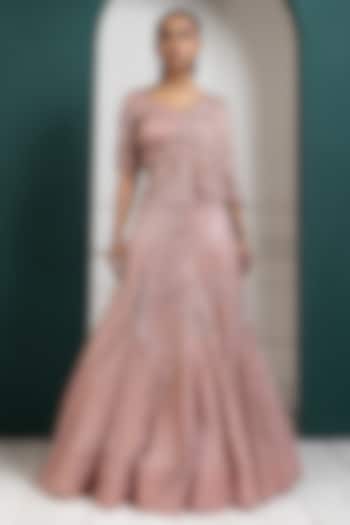 Peach Satin Organza Hand Embroidered Wedding Lehenga Set by Smriti by Anju Agarwal at Pernia's Pop Up Shop