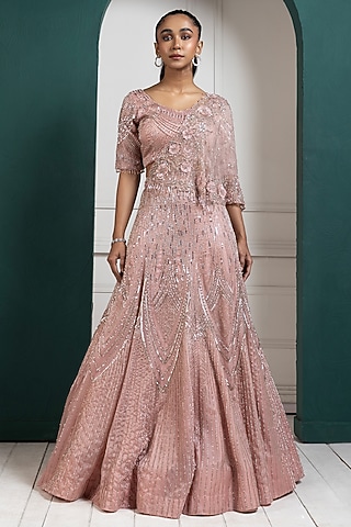 Peach Satin Organza Hand Embroidered Lehenga Set by Smriti by Anju Agarwal