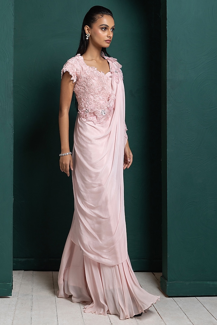 Soft Pink Chinon Draped Pant Set by Smriti by Anju Agarwal at Pernia's Pop Up Shop