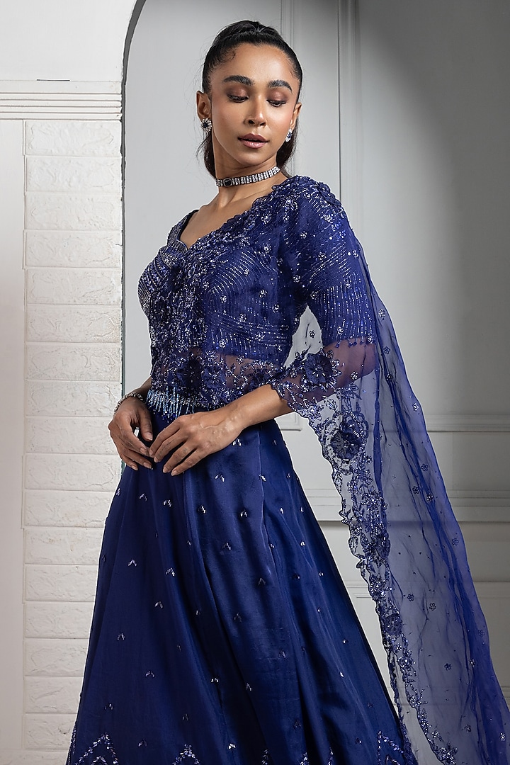 Deep Blue Satin Organza Hand Embroidered Wedding Lehenga Set by Smriti by Anju Agarwal at Pernia's Pop Up Shop