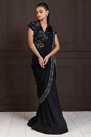 Black Chiffon Gown Saree Set by Smriti by Anju Agarwal