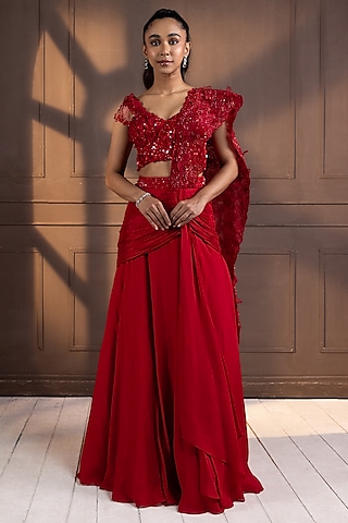 Red Chiffon Floral Applique Embroidered Draped Saree Set by Smriti by Anju Agarwal