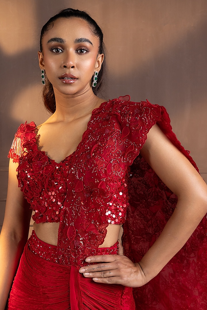 Red Chiffon Floral Applique Embroidered Draped Wedding Saree Set by Smriti by Anju Agarwal at Pernia's Pop Up Shop