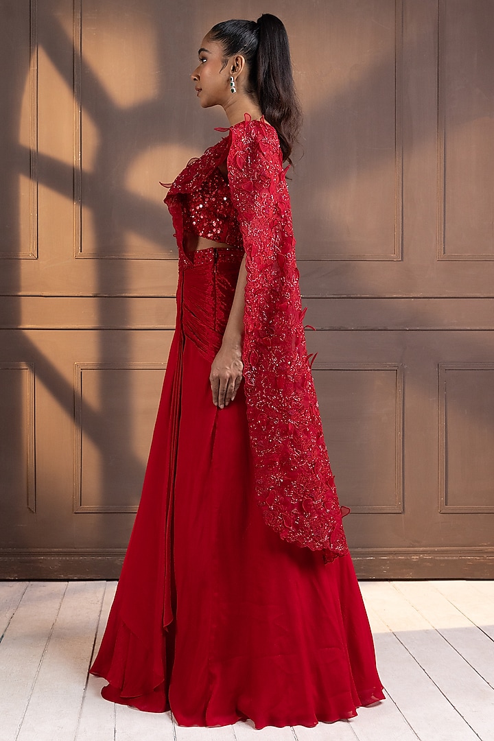 Red Chiffon Floral Applique Embroidered Draped Wedding Saree Set by Smriti by Anju Agarwal at Pernia's Pop Up Shop