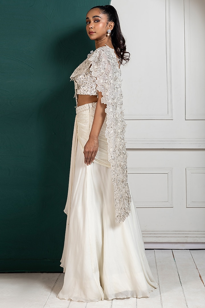 White Chiffon Floral Applique Embroidered Draped Wedding Saree Set by Smriti by Anju Agarwal at Pernia's Pop Up Shop