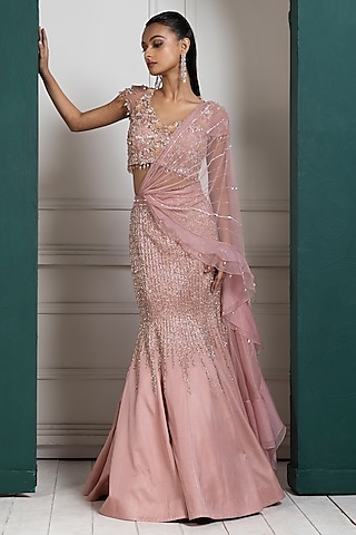 Peach Satin & Organza Sequins Embroidered Lehenga Set by Smriti by Anju Agarwal