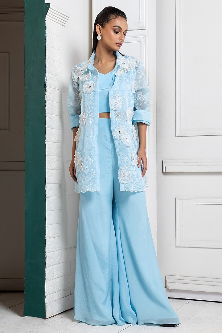 Powder Blue Organza & Chiffon Floral Embroidered Jacket Set by Smriti by Anju Agarwal at Pernia's Pop Up Shop