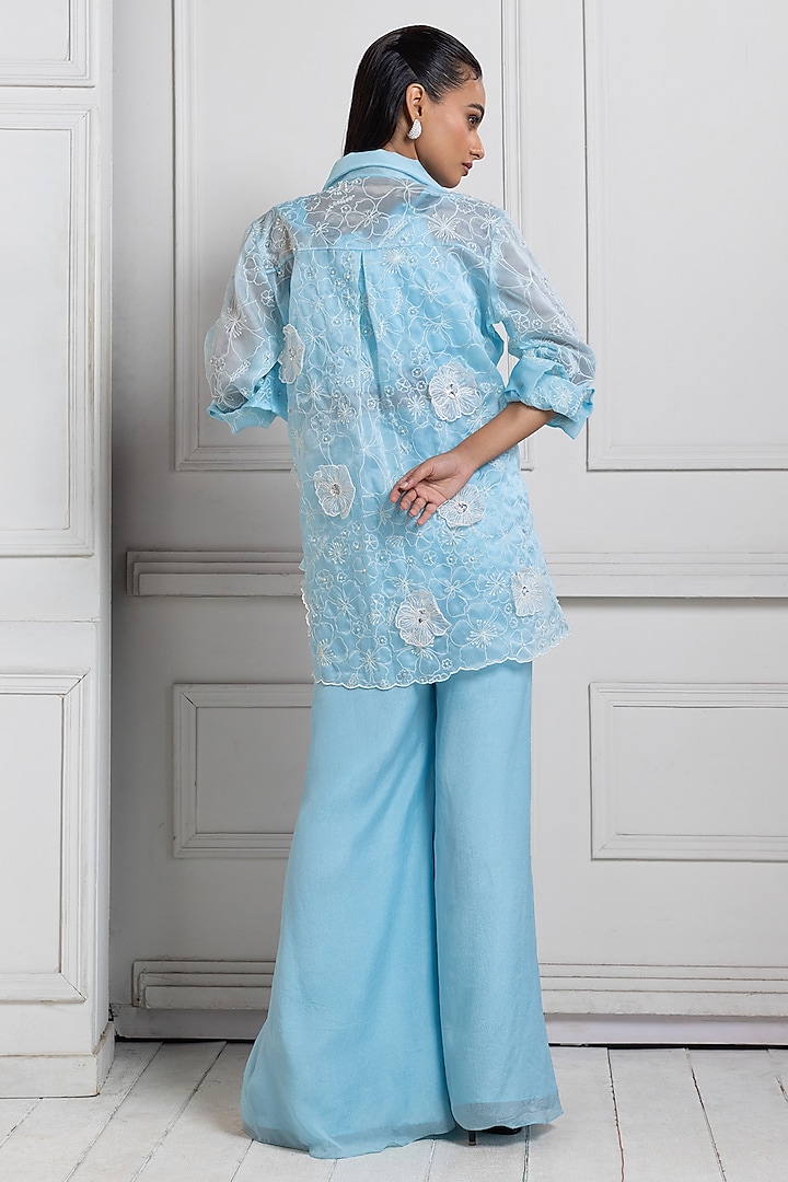 Powder Blue Organza & Chiffon Floral Embroidered Jacket Set by Smriti by Anju Agarwal at Pernia's Pop Up Shop