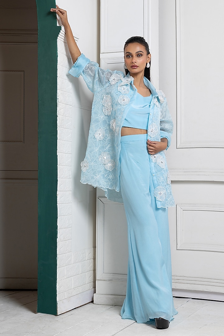 Powder Blue Organza & Chiffon Floral Embroidered Jacket Set by Smriti by Anju Agarwal at Pernia's Pop Up Shop