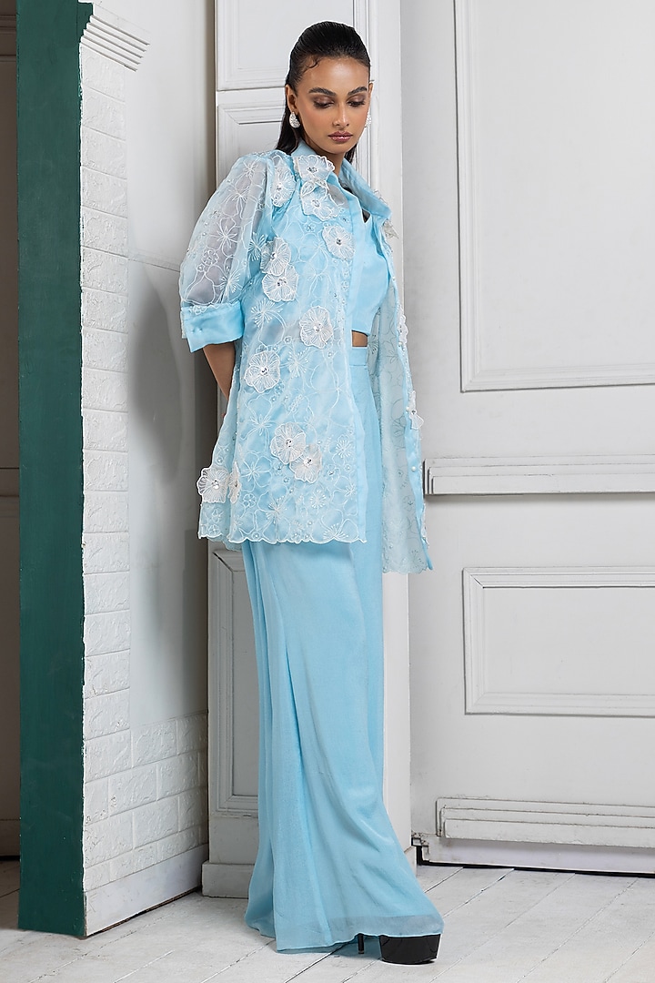 Powder Blue Organza & Chiffon Floral Embroidered Jacket Set by Smriti by Anju Agarwal at Pernia's Pop Up Shop