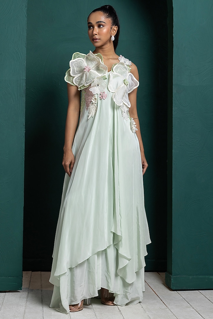 Mint Green Crepe 3D Floral Applique Work Layered Party Wear Gown by Smriti by Anju Agarwal at Pernia's Pop Up Shop