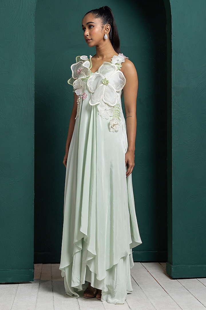 Mint Green Crepe 3D Floral Applique Work Layered Party Wear Gown by Smriti by Anju Agarwal at Pernia's Pop Up Shop