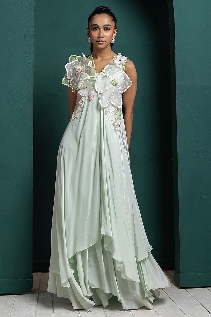 Mint Green Crepe 3D Floral Applique Work Layered Party Wear Gown by Smriti by Anju Agarwal at Pernia's Pop Up Shop
