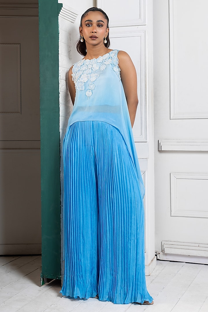 Blue Chiffon Pant Set by Smriti by Anju Agarwal at Pernia's Pop Up Shop