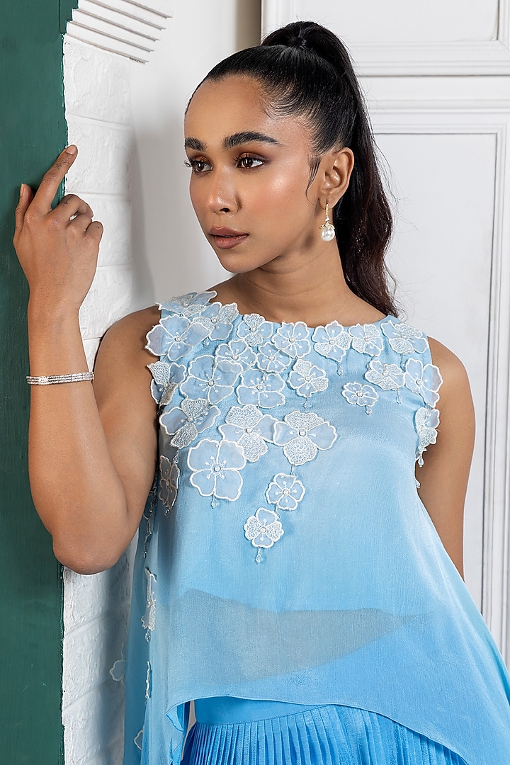 Blue Chiffon Pant Set by Smriti by Anju Agarwal at Pernia's Pop Up Shop